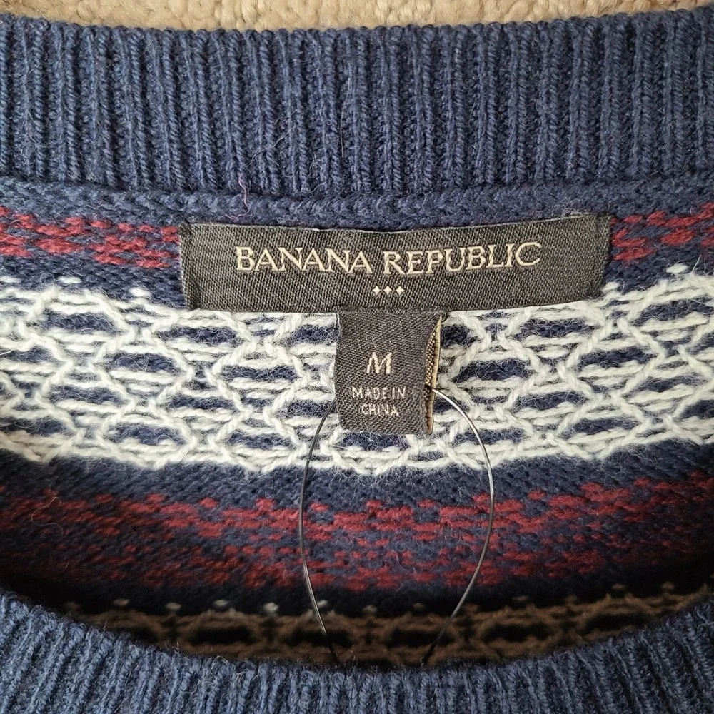 Banana Republic Sweater Mens M Blue Red Fair Isle Crew Neck Cotton Wool NEW